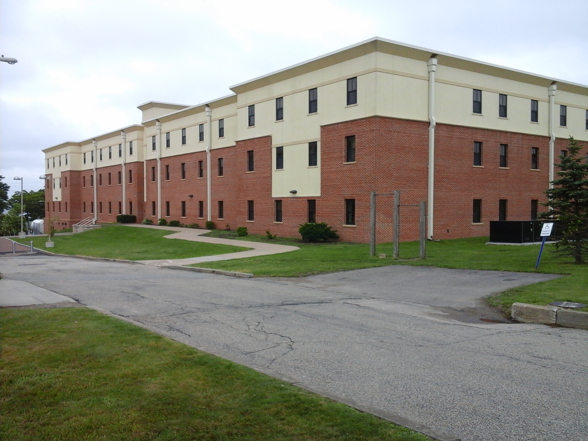 College brick building repaired of large cracks.