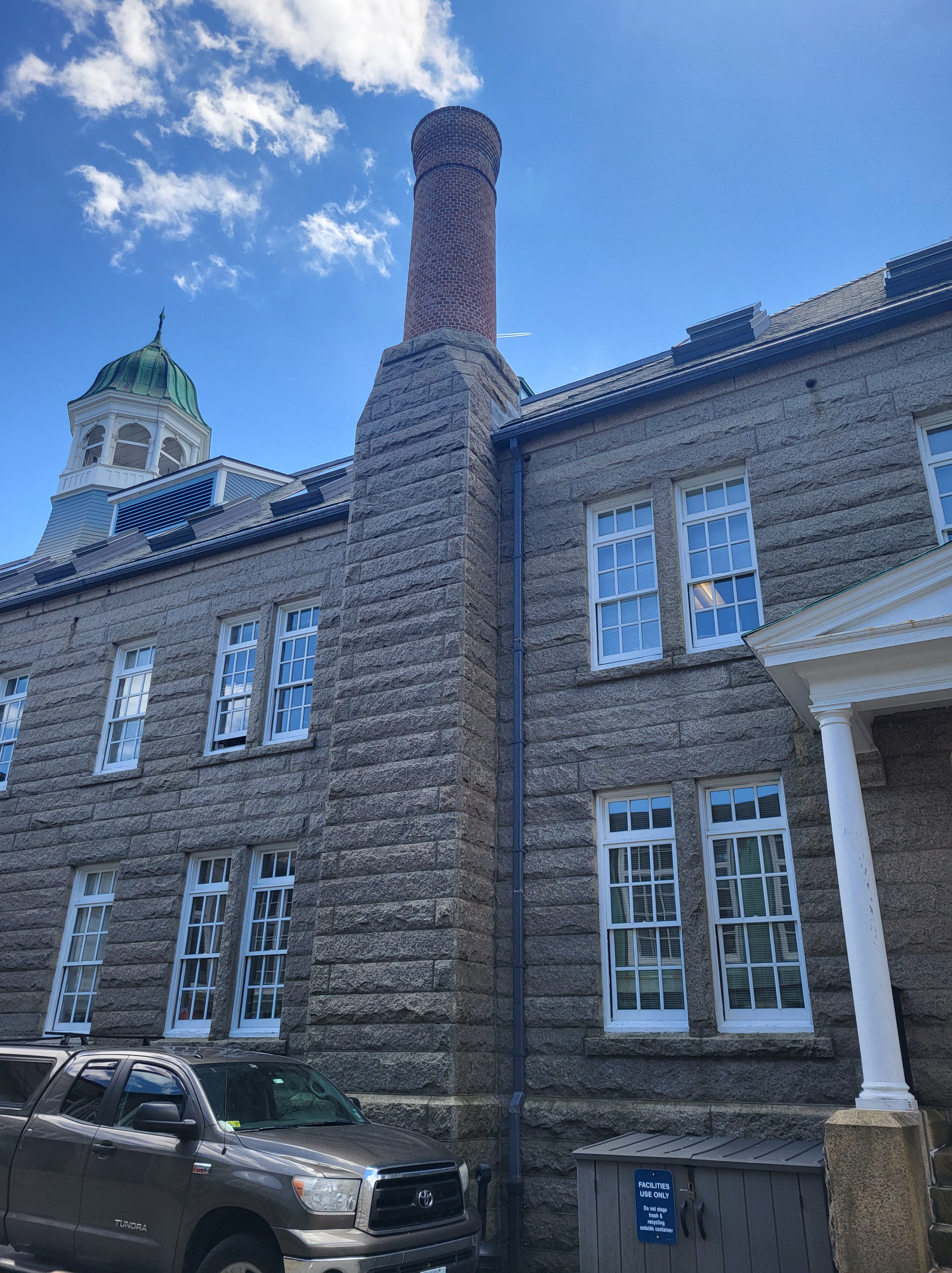 Current project, view from ground of Luce Hall brick chimney